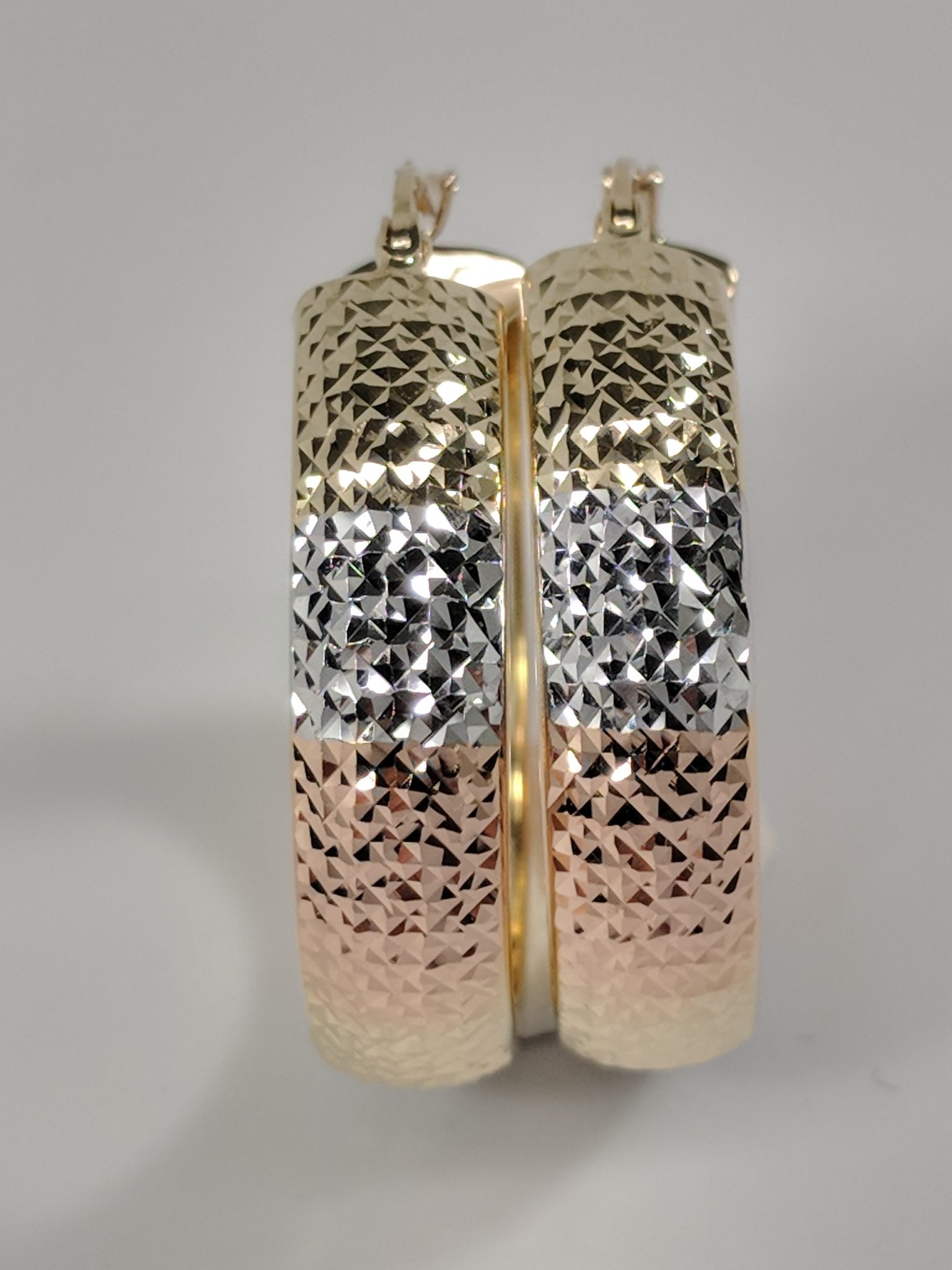 14K Wide Tri-Color Diamond Cut Hoop Earrings - Carbo Jewelers