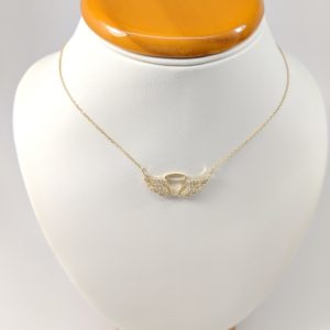 14K Yellow White Gold Angel Wings with Halo Necklace Pendant Set on Neck Piece
