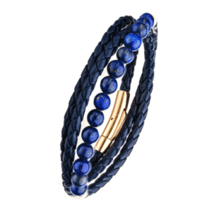 Blue Leather Wrapped Lapis Bead Bracelet Rose Gold Plated Side View