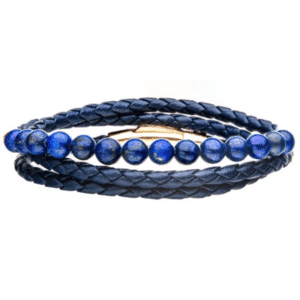 Blue Leather Wrapped Lapis Bead Bracelet Rose Gold Plated