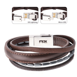 Men's Brown Leather with Black Hematite Android/IOS USB Charger/Charging Bracelet