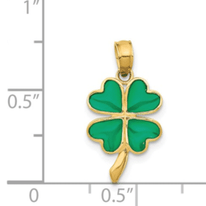 Petite 14K Yellow Gold 4-Leaf Clover Green Enameled Shamrock Pendant Scale View