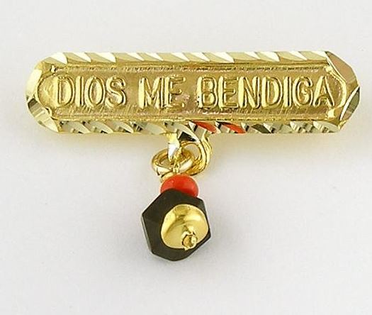 14Kt Gold Dios Me Bendiga with Genuine Azabache Baby Pin 