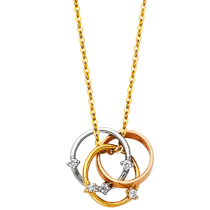 14K Yellow, White, Rose Gold Trinity Ring Necklace Chain with Genuine White Cubic Zirconias C/Z