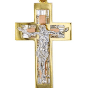 14K TRICOLOR yellow GOLD 52X27MM JESUS Christ BAGUETTE CROSS Crucifix PENDANT