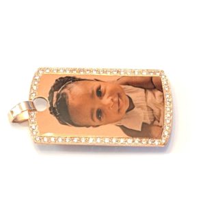 14K Rose Gold Dog Tag Photo Pendant with Cubic Zirconias Custom Design Side View
