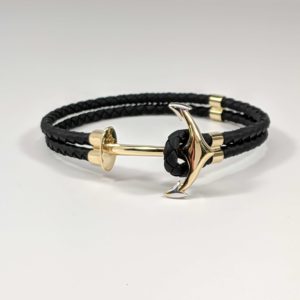 14K Yellow Gold Leather Rubber Twisted Braided Cord Anchor Bracelet