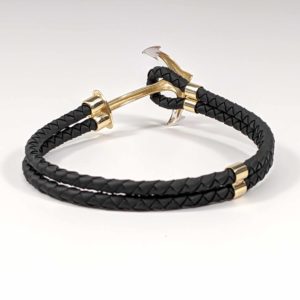 14K Yellow Gold Leather Rubber Twisted Braided Cord Anchor Bracelet Rear View
