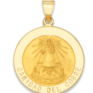 14K Yellow Gold Caridad Del Cobre Medal Round Front View 1 Inch Length Hollow