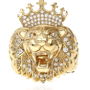 14K Yellow Gold Lion Head Ring, Lion King Crown Ring, Pave set with cubic Zirconias