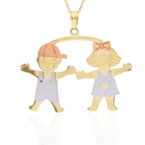 14K Tricolor Boy & Girl Charm Pendant Twins Daughter Son Tri-color Mothers Day Gift