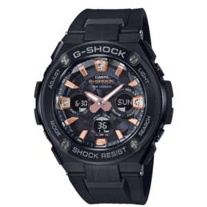GST-S310BDD-1A G-Shock by Casio Pave Diamond mounted at the 12, 3 & 6 o'clock positions Tough Solar, Black Stainless Steel Metal with Rose Gold, Watch Digital Front View, Analog