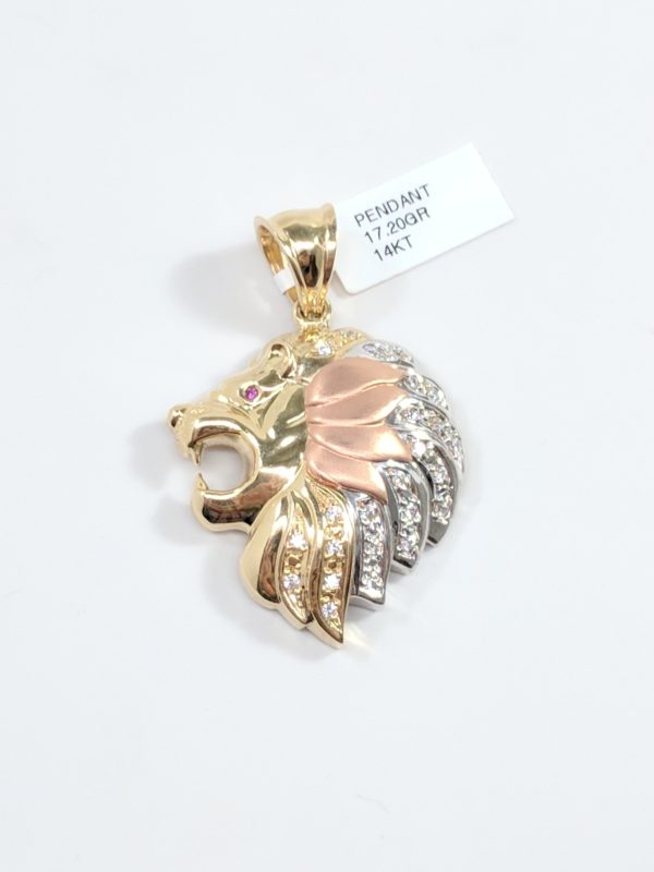 14KT Lions Head Pendant, Tri-Color, Yellow Gold