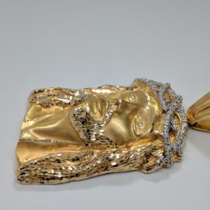 14K Yellow Gold Large Christ Head Jesus Piece Pendant Pave Set Diamond Crown of Thorns Side View