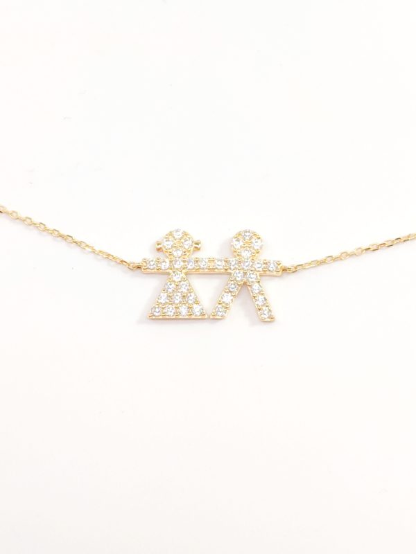 14K Yellow Gold Zirconia Boy & Girl Necklace