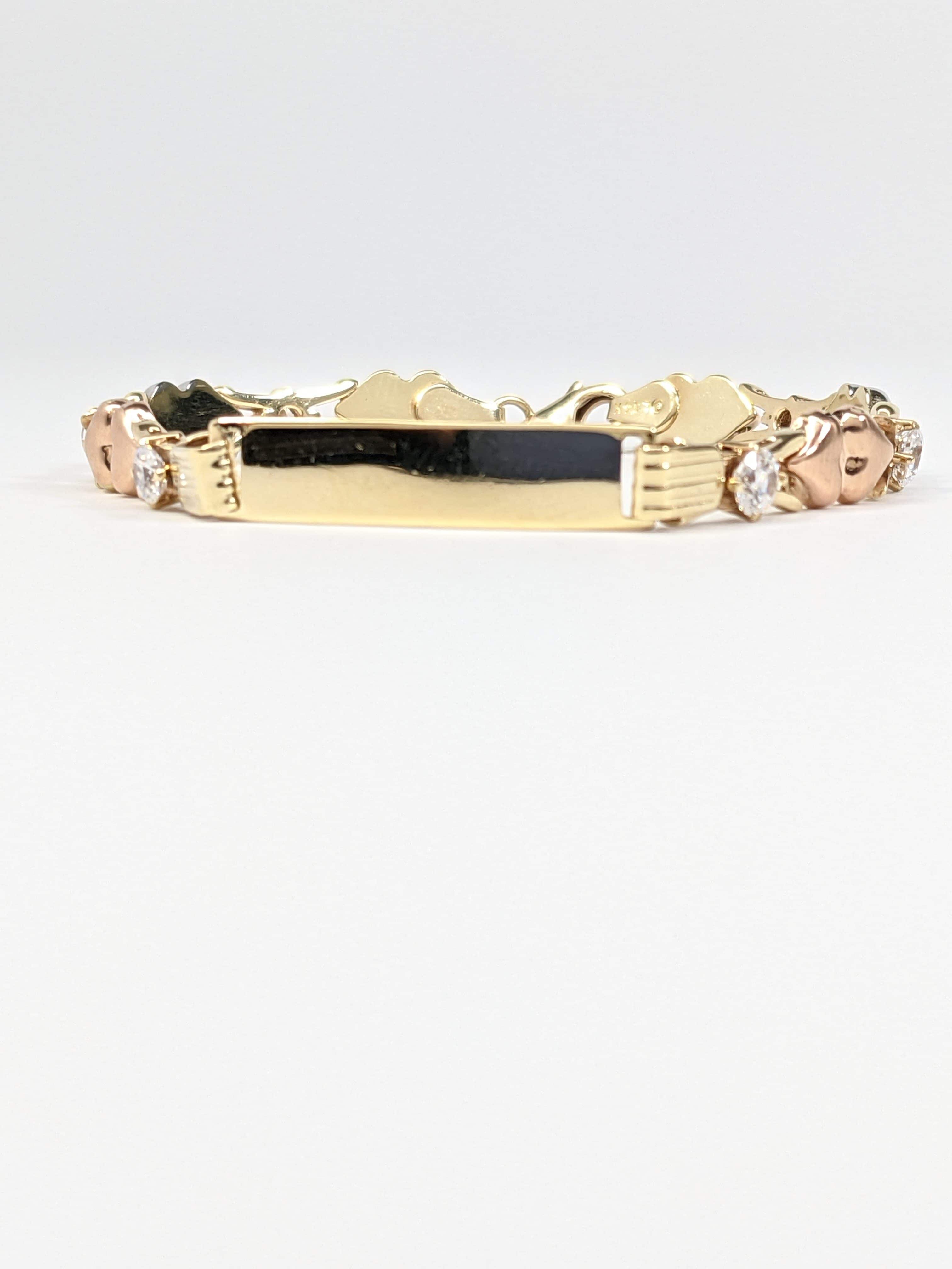 14KT Tri-Color Gold Puffed Heart Baby ID Bracelet with Zirconias Engravable