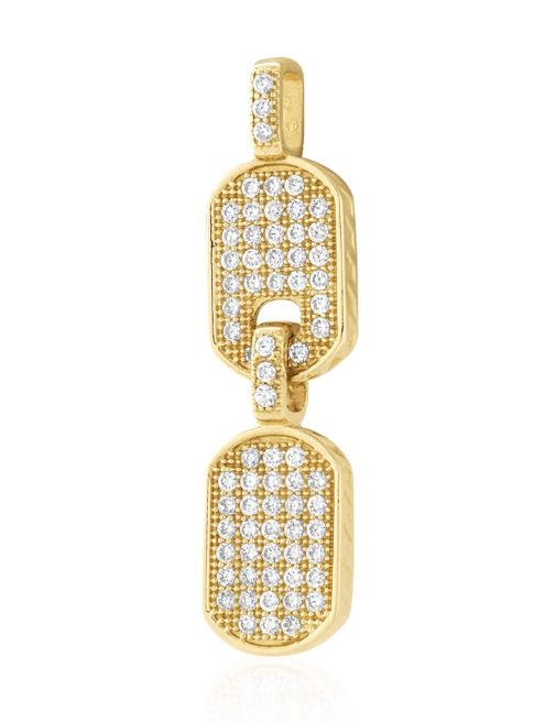 14K Yellow Gold two Double Dog Tag Chain Pendant with Genuine white Cubic Zirconia Side View