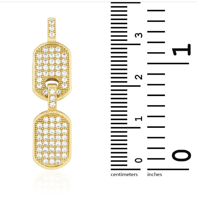14K Yellow Gold two Double Dog Tag Chain Pendant with Genuine white Cubic Zirconia Scale View
