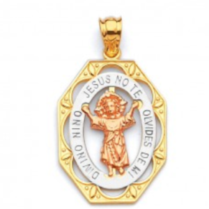 14KT Yellow Gold Tri-Color Divino Nino Pendant, Divine Child, "Jesus No Te Olvides De Mi Divino Nino"