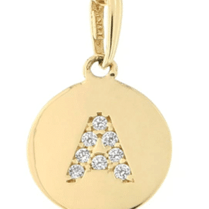 14KT Yellow Gold Round Disk Initial Charm Pendant Cubic Zirconia Letter "A"