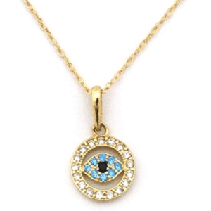 14KT Yellow Gold Tiny Evil Eye Pendant with Cubic Zirconias chain