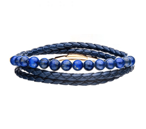 Blue Leather Wrapped Lapis Bead Bracelet Rose Gold Plated
