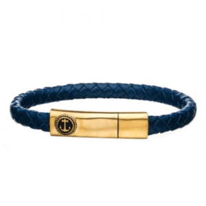 Fashion Men's Blue Leather with Brushed Gold Plated Bar Anchor Clasp