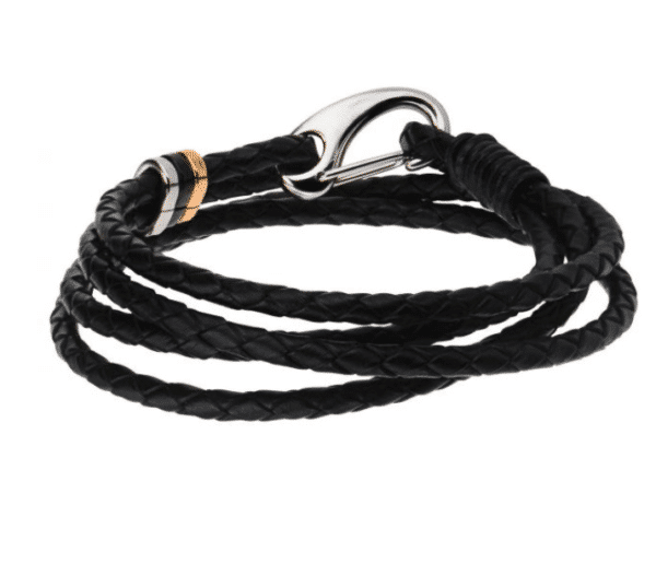 Inox Trice Braided Wrap Black Leather Bracelet with Stainless Steel Clasp Rose Gold Black Ion Plated
