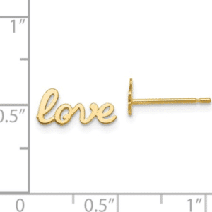 14K Yellow Gold Script High Polished Love Stud Earrings Scale View Pair