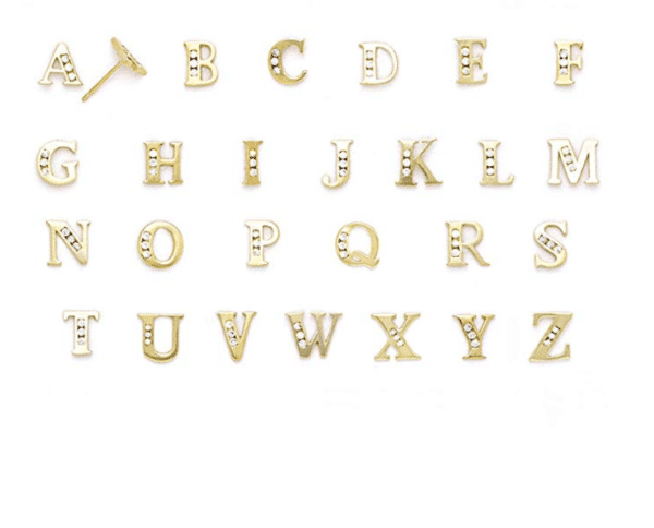 14K Yellow Gold Cubic Zirconia Initial Stud Earrings Letter a, b, c, d, e, f, g, h, i, j, k, l, m, n, o, p, q, r, s, t, u, v, w, x, y, z