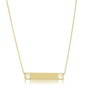 14KT Yellow gold double dog, cat, pet paw print bar necklace for the doggy lover in your life