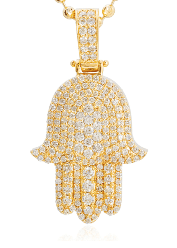 14K Yellow Gold Hamsa Pave Diamond Pendant Front View