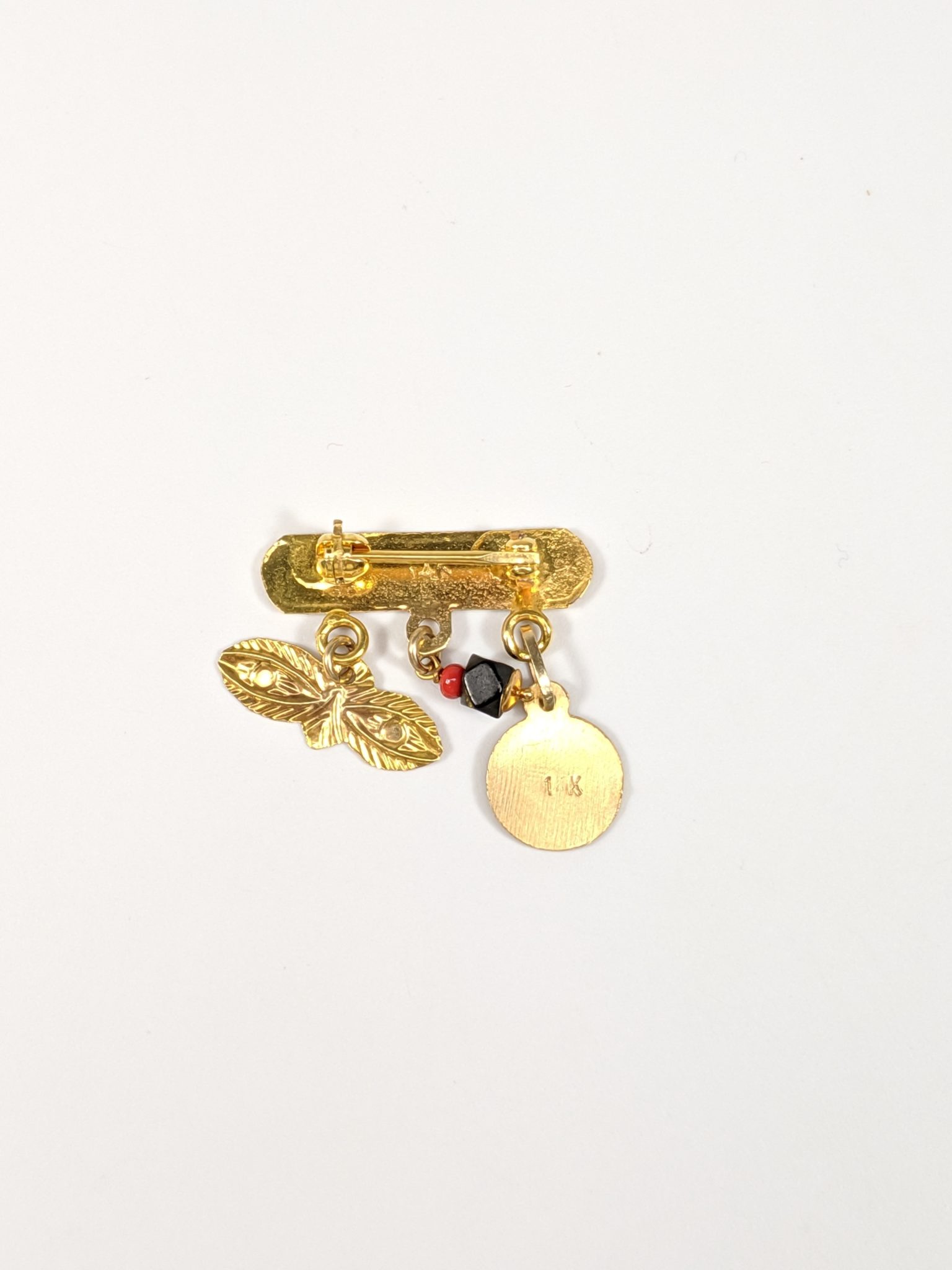14K Yellow Gold "Dios Me Bendiga" Pin Brooch With Hanging Genuine Black Azabache Red Coral Ojos de Santa Lucia Eyes and Saint Medal Rear View