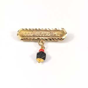 14K Yellow Gold "God Bless Me" Pin Brooch With Hanging Genuine Black Azabache and Red Coral