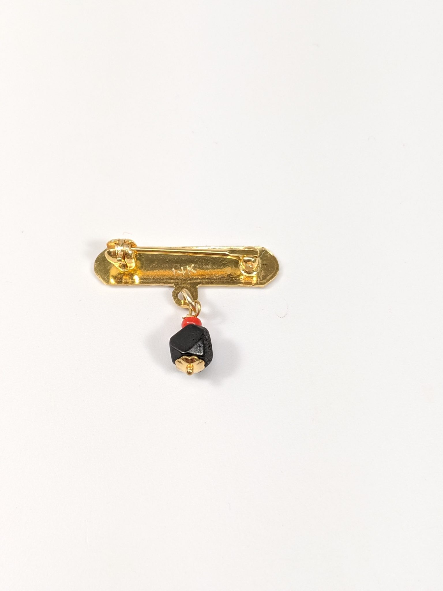 14K Yellow Gold "God Bless Me" Pin Brooch With Hanging Genuine Black Azabache and Red Coral Back Side