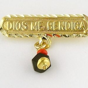 14K Yellow Gold "Dios me Bendiga" Baby Pin with Red Coral and Genuine Azabache Front Side No me beses