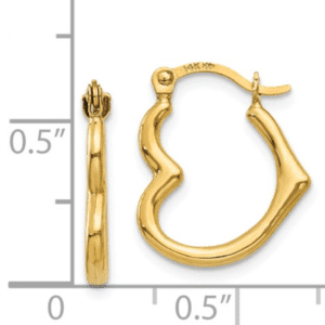 14K Yellow Gold Small Heart Shaped Hoop Earrings Hollow Scale View