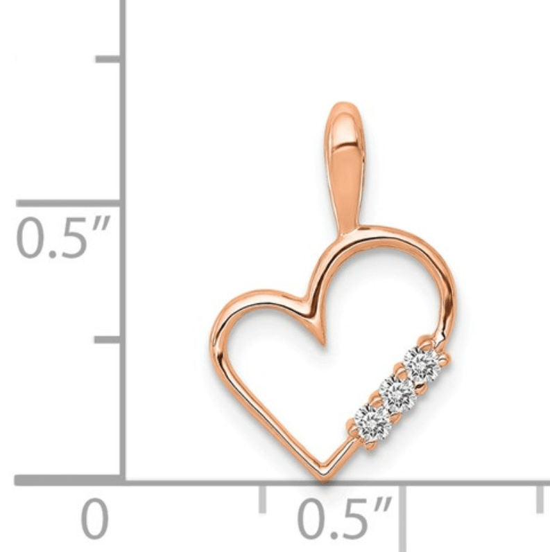 14K Rose Gold Diamond Heart Pendant with three white genuine diamonds Scale View