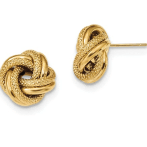 Solid 14K Yellow Gold Polished & Textured Double Love Knot Stud Earrings Hollow Push Back