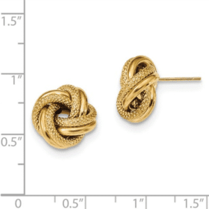 Solid 14K Yellow Gold Polished & Textured Double Love Knot Stud Earrings Hollow Push Back Scale View