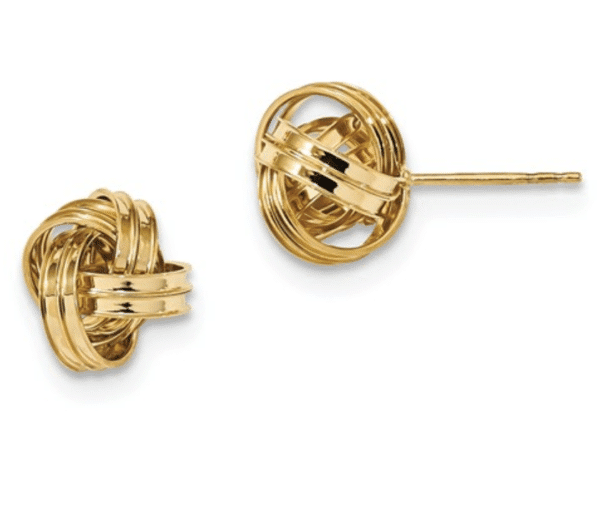 Solid 14K Yellow Gold Polished Double Love Knot Stud Earrings Hollow Push Back