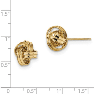 Solid 14K Yellow Gold Polished Double Love Knot Stud Earrings Hollow Push Back Scale View