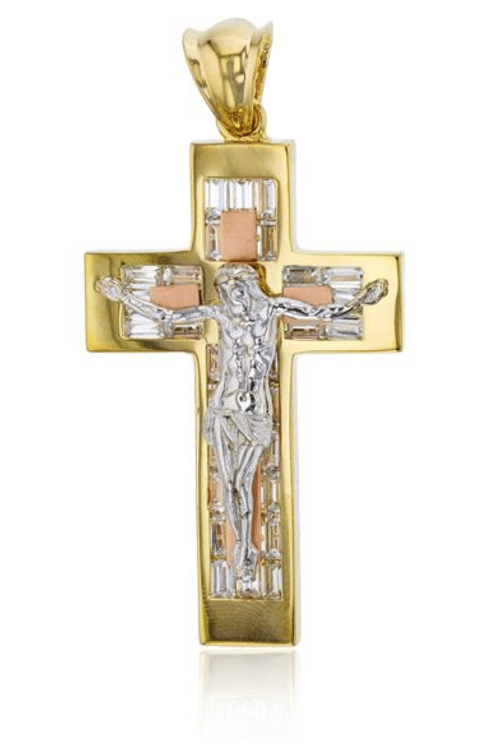 14K TRICOLOR yellow GOLD 52X27MM JESUS Christ BAGUETTE CROSS Crucifix PENDANT