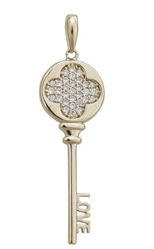 14K Yellow Gold Clover Top Puff Round Key Pendant 
