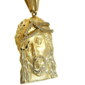 14K Yellow Gold Solid Jesus Christ Head Pendant with Cubic Zirconia Thorn Crown Side View