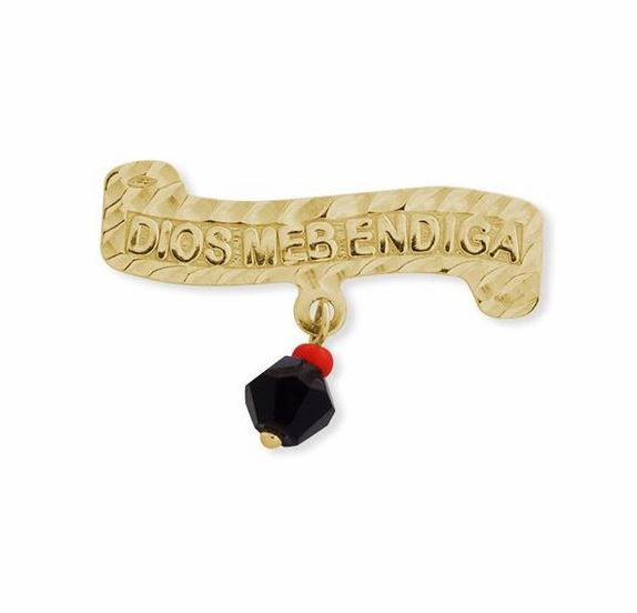 14K Yellow Gold Scroll Version "Dios me Bendiga" Baby Pin Brooch with Red Coral and Genuine Azabache Back Side No me beses