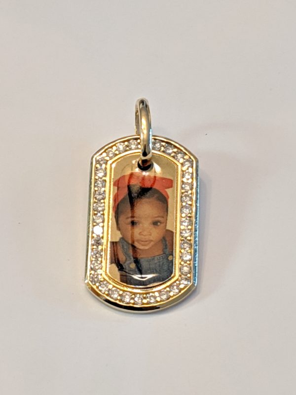 14K Yellow Gold Dog Tag Photo Pendant with Cubic Zirconias Custom Design