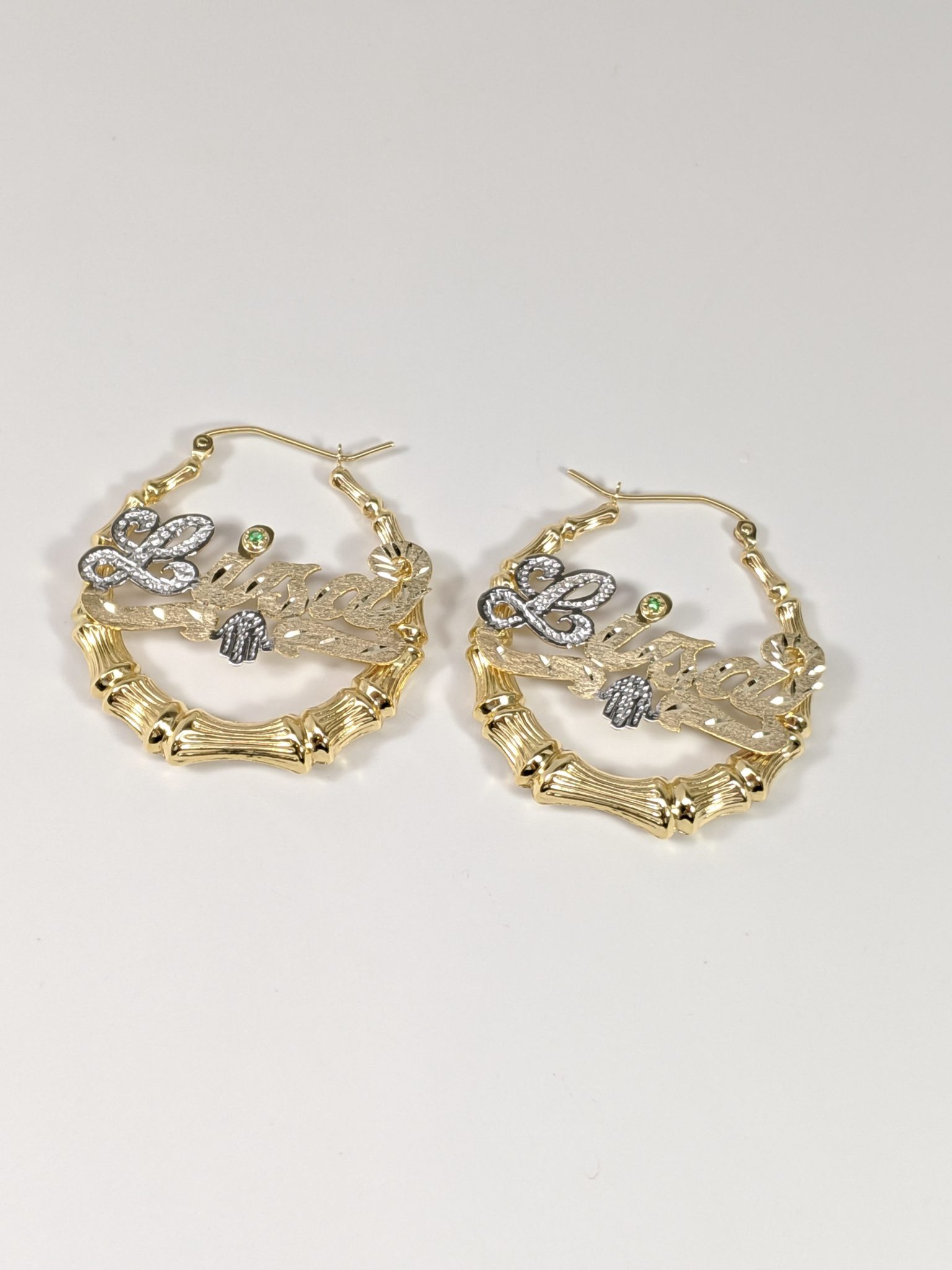 14K Yellow Gold Bamboo Hoop Earrings Hip Hop Jewelry Nameplate Earrings Hamsa