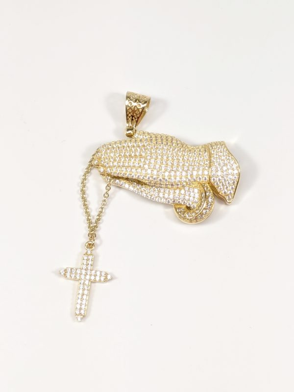 14K Yellow Gold Praying Hands Clasping Holding Grabbing Rosary Beads Pendant Pave Set With Genuine White Cubic Zirconias