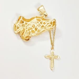 14K Yellow Gold Praying Hands Clasping Holding Grabbing Rosary Beads Pendant Pave Set With Genuine White Cubic Zirconias Rear View